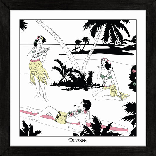 Hawaiian themed framed art prints with surfers and hula girls.