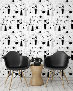 room-shot with atomic fifties wallpaper design in black and white