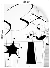 Load image into Gallery viewer, a4 wallpaper swatch with atomic fifties design in black and white