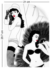 Load image into Gallery viewer, a4 wallpaper swatch with burlesque dancer design in monochrome with red lips