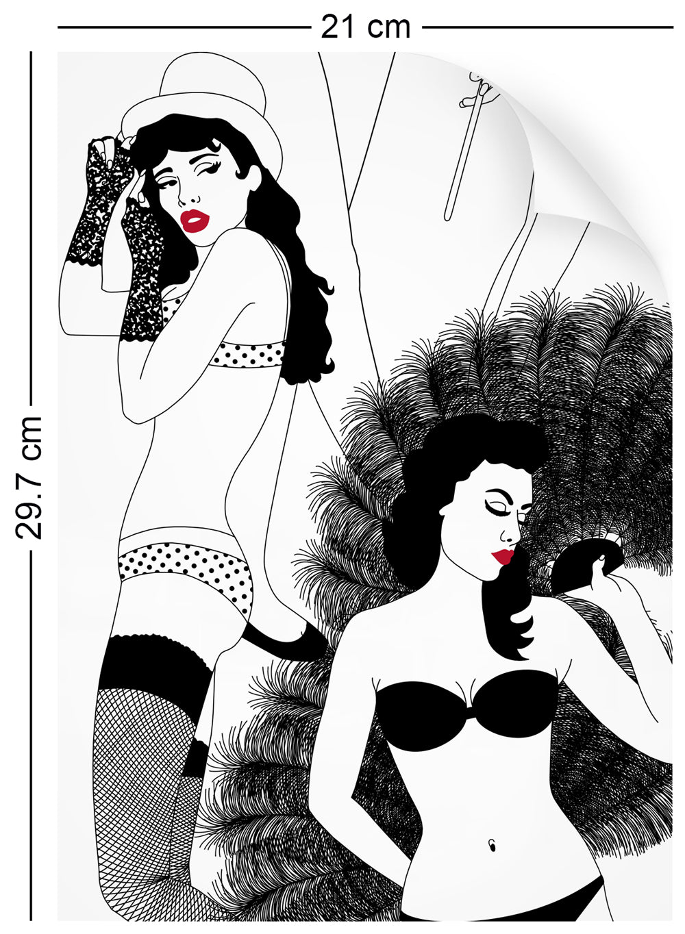 a4 wallpaper swatch with burlesque dancer design in monochrome with red lips