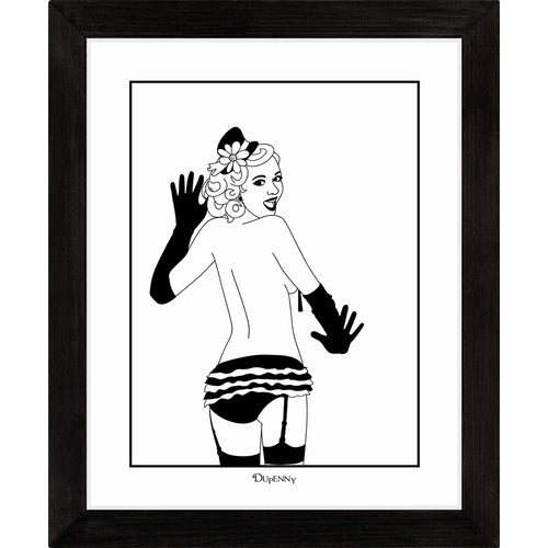 Monochrome art print of burlesque girl turning around