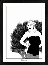 Load image into Gallery viewer, Monochrome art print of burlesque girl with giant fan
