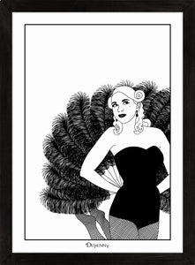 Monochrome art print of burlesque girl with giant fan