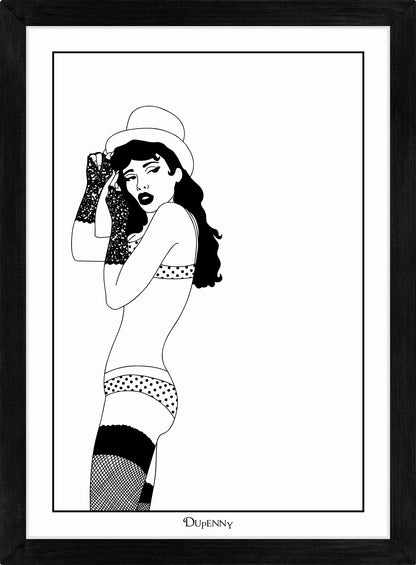 Monochrome art print of burlesque girl with top hat