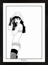 Load image into Gallery viewer, Monochrome art print of burlesque girl with top hat