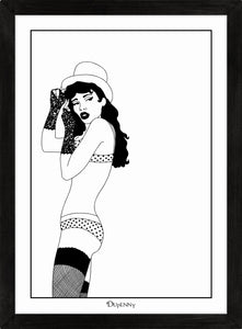 Monochrome art print of burlesque girl with top hat