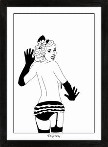 Monochrome art print of burlesque girl turning around