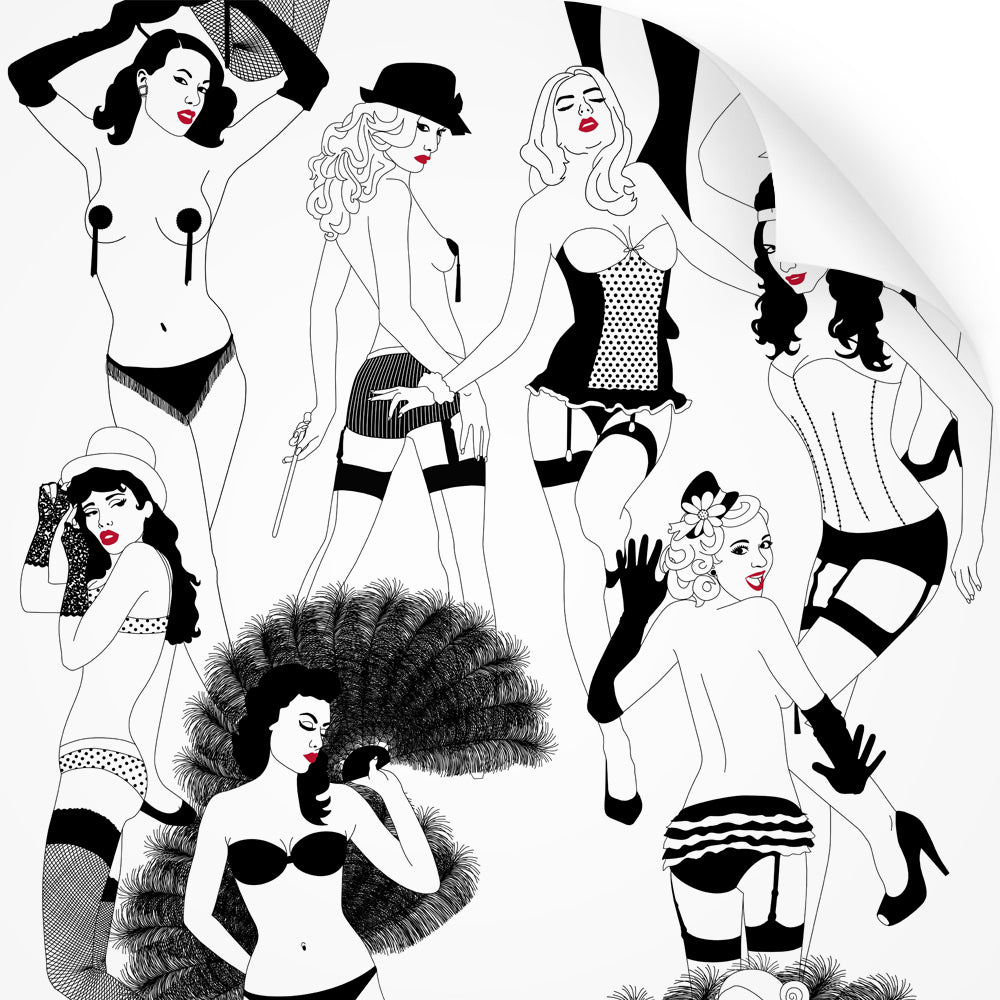 wallpaper swatch with burlesque design in monochrome with red lips
