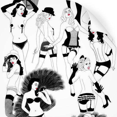 wallpaper swatch with burlesque dancer design in monochrome with red lips