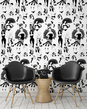 Load image into Gallery viewer, room shot with burlesque dancer wallpaper design in monochrome 
