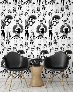 room shot with burlesque dancer wallpaper design in monochrome 