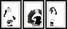 Load image into Gallery viewer, Set of three monochrome burlesque girl art prints