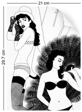 Load image into Gallery viewer, a4 wallpaper sample with burlesque dancer design in monochrome 