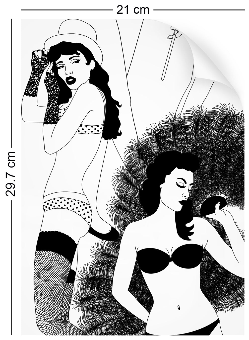 a4 wallpaper sample with burlesque dancer design in monochrome 