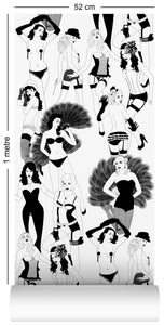 wallpaper roll with burlesque dancer design in monochrome 