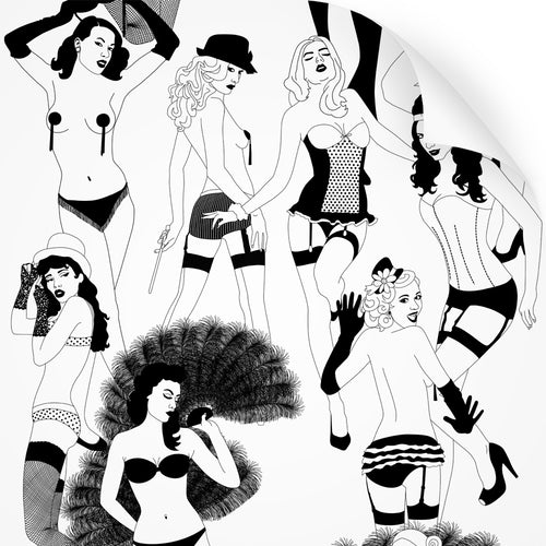 wallpaper swatch with burlesque dancer design in monochrome 