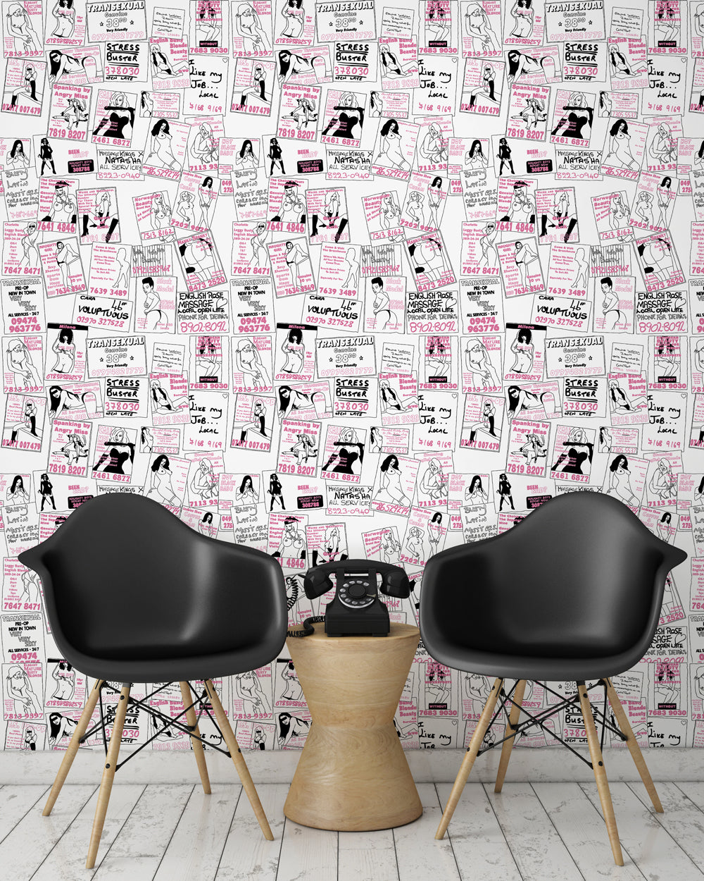 room shot with phone box call card wallpaper design in pink.