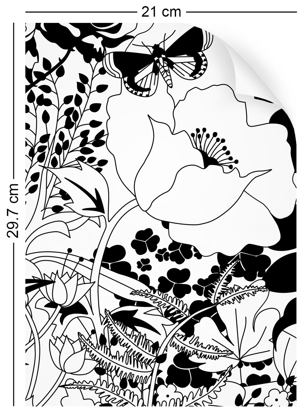 a4 wallpaper swatch with floral garden design in black and white
