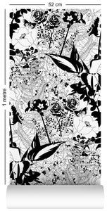 1m wallpaper swatch with floral garden design in black and white