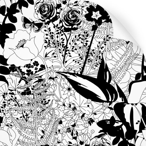 wallpaper swatch with floral garden design in black and white