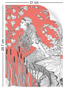 a4 wallpaper swatch with underwater mermaid design in living coral