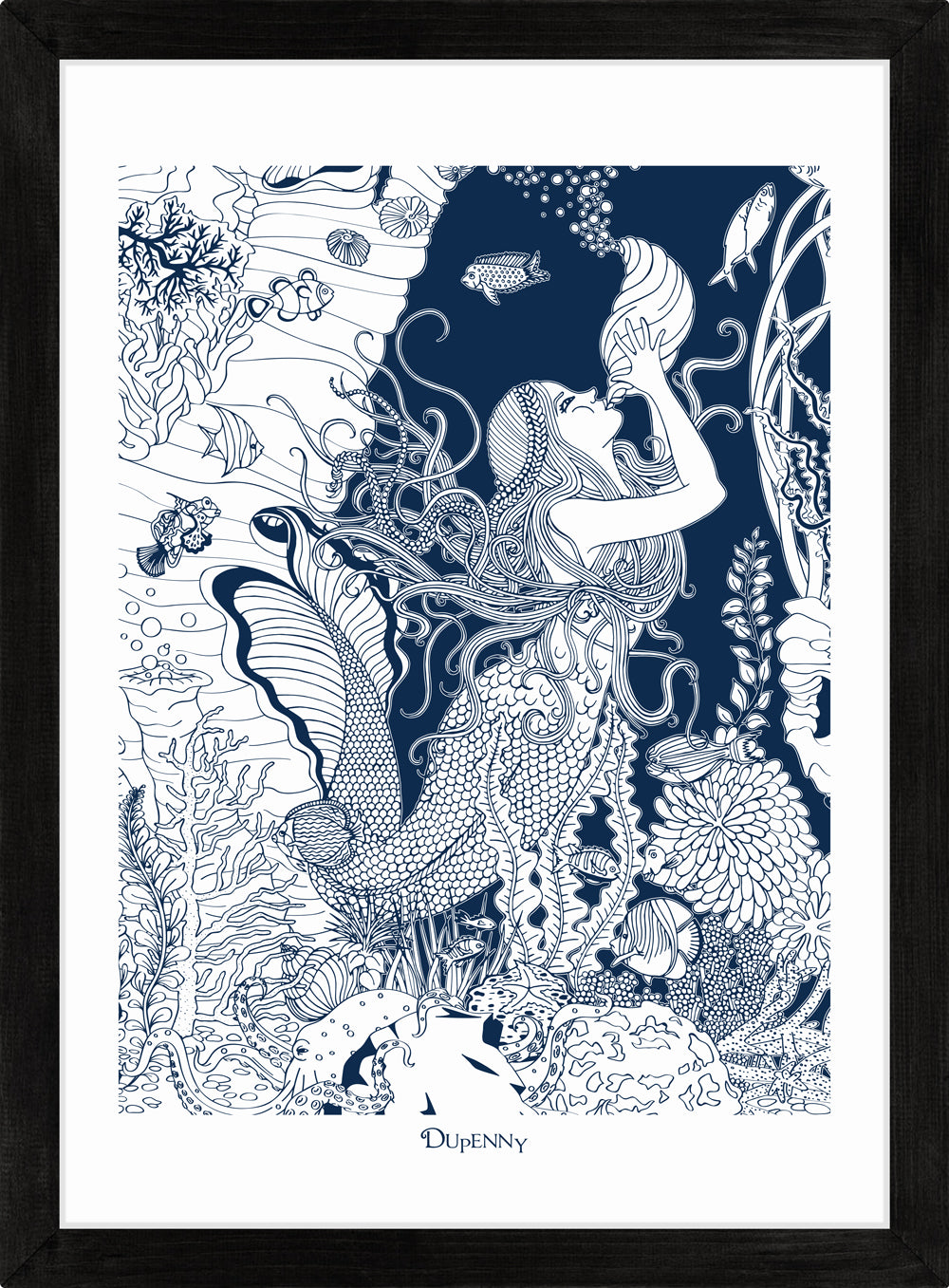 Detailed navy blue framed art print of mermaid underwater.