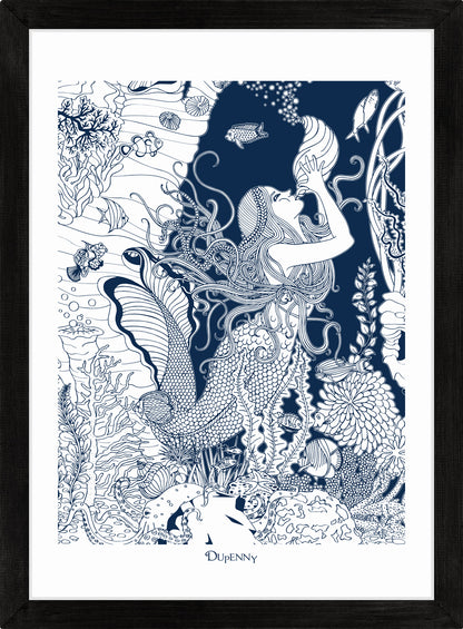 Detailed navy blue framed art print of mermaid underwater.