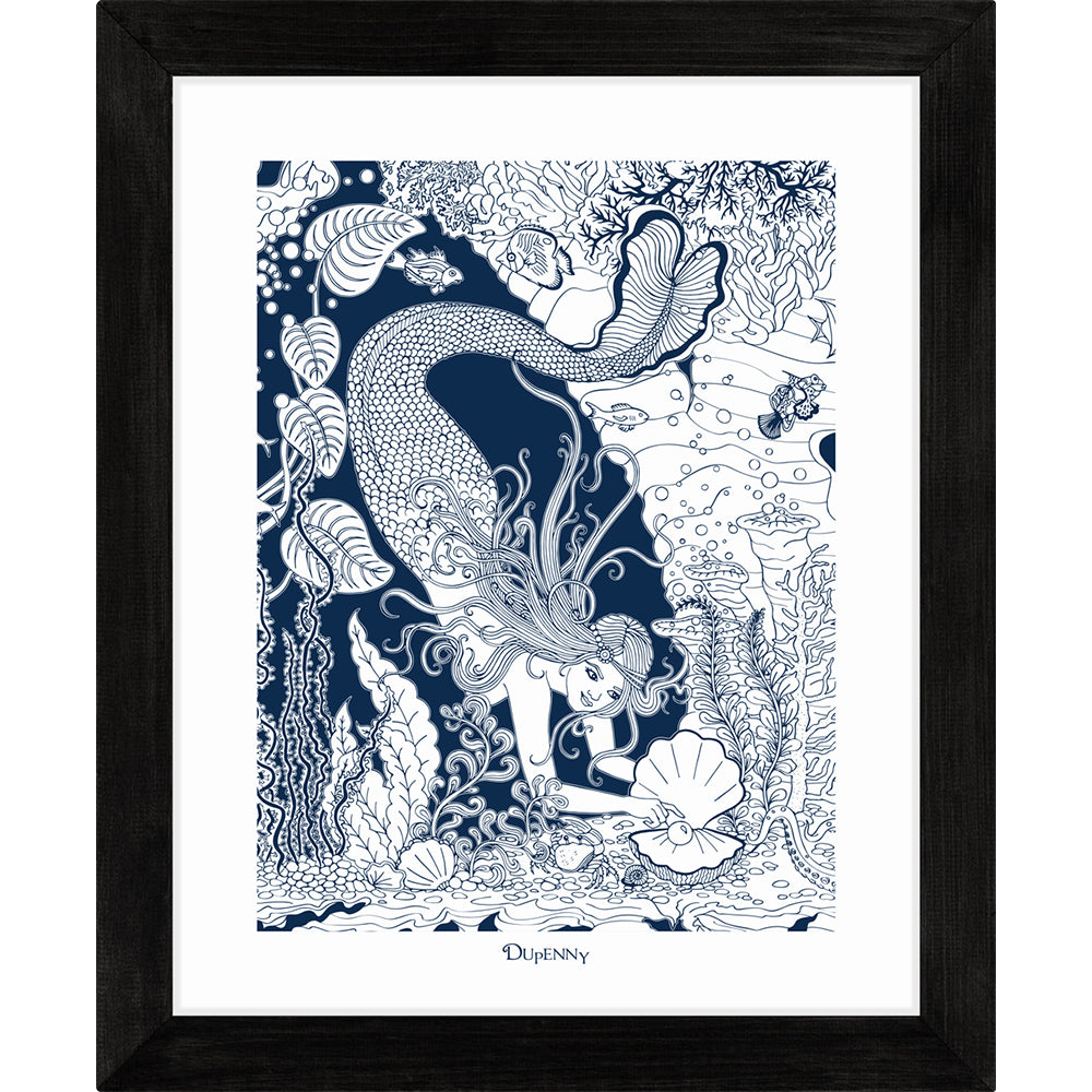 Detailed navy blue framed art print of mermaid underwater.