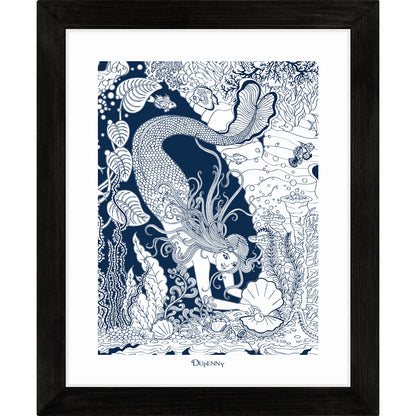 Detailed navy blue framed art print of mermaid underwater.