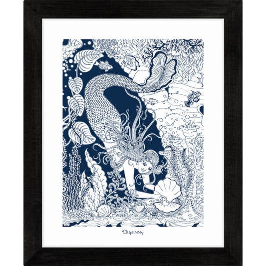 Detailed navy blue framed art print of mermaid underwater.