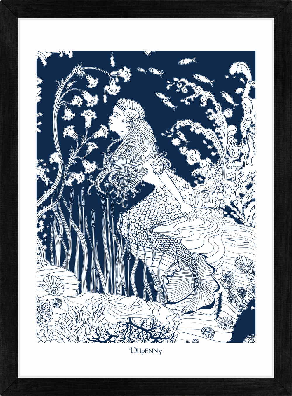 Detailed navy blue framed art print of mermaid underwater.