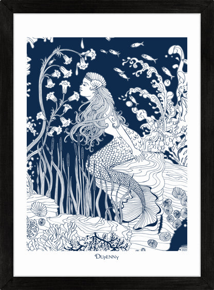 Detailed navy blue framed art print of mermaid underwater.
