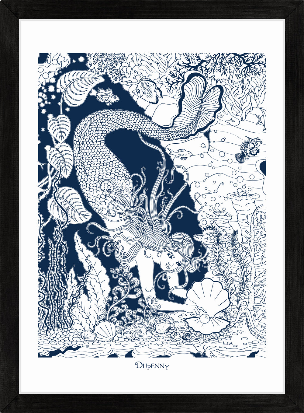 Detailed navy blue framed art print of mermaid underwater.