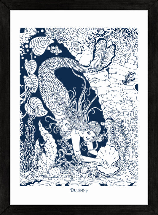 Detailed navy blue framed art print of mermaid underwater.