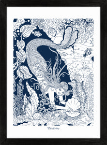 Detailed navy blue framed art print of mermaid underwater.