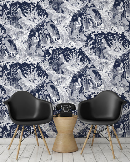 room shot with underwater mermaid wallpaper design in navy blue