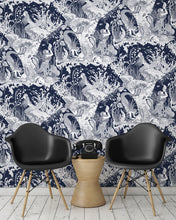 Load image into Gallery viewer, room shot with underwater mermaid wallpaper design in navy blue