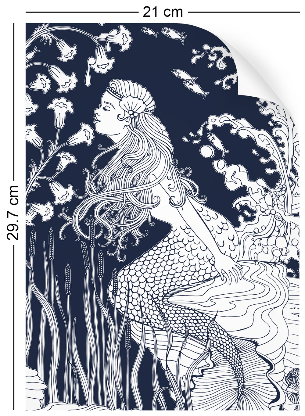 a4 wallpaper swatch with underwater mermaid design in navy blue