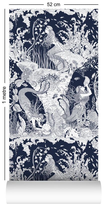 1m wallpaper swatch with underwater mermaid design in navy blue