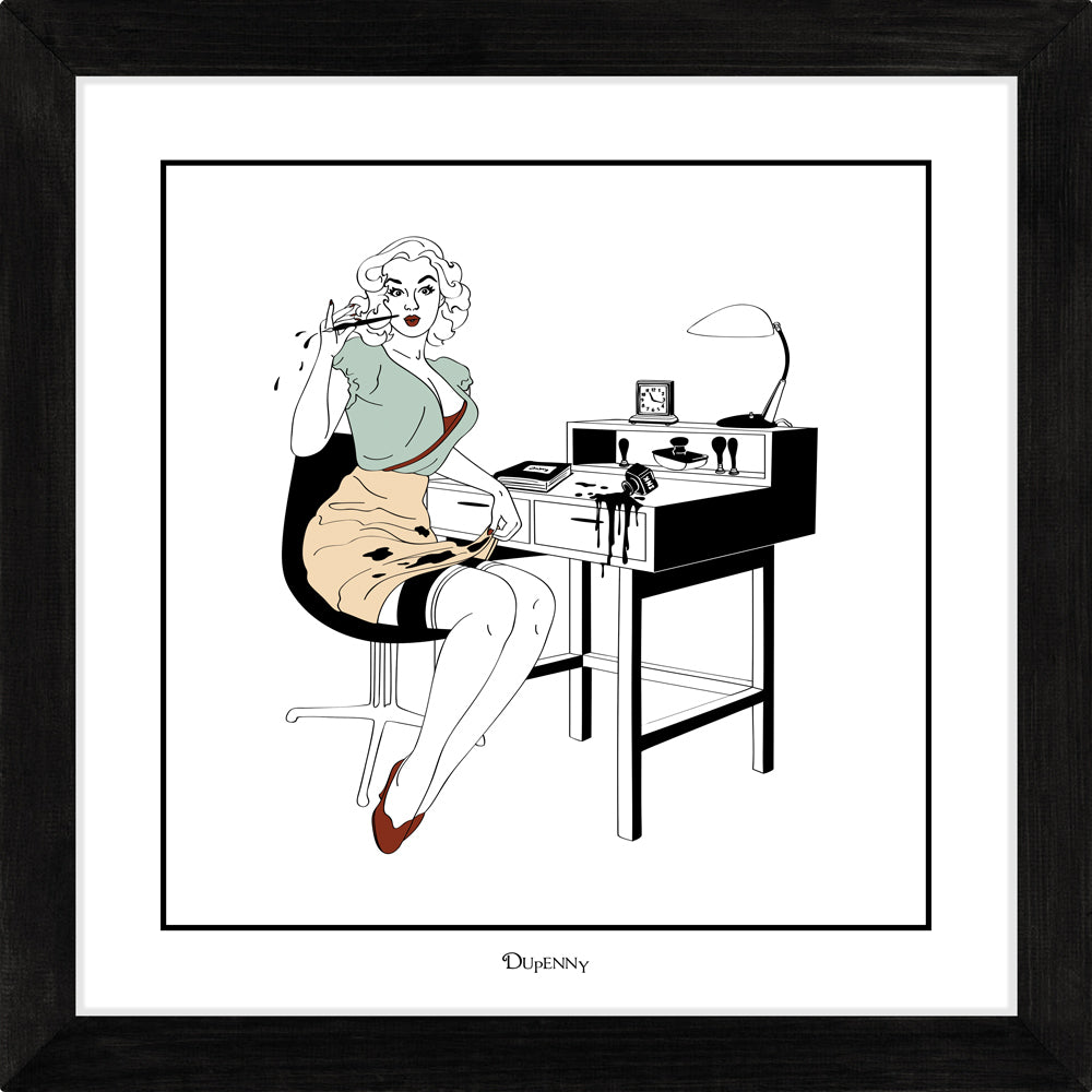 Illustrated art print of sexy secretary in the workplace.