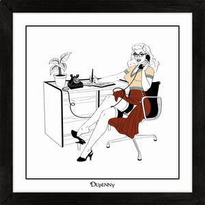 Illustrated art print of sexy secretary in the workplace.