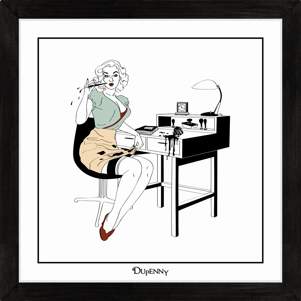 Illustrated art print of sexy secretary in the workplace.