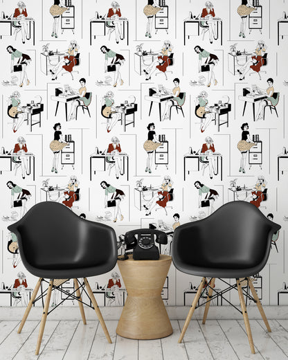 roomshot with sexy office secretaries wallpaper design in retro colours
