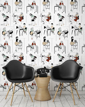 Load image into Gallery viewer, roomshot with sexy office secretaries wallpaper design in retro colours