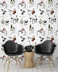roomshot with sexy office secretaries wallpaper design in retro colours