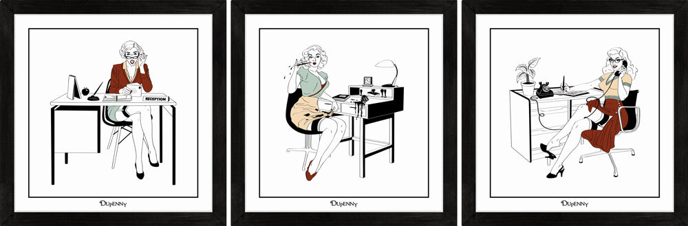 Set of three Illustrated art prints of sexy secretaries in the workplace.