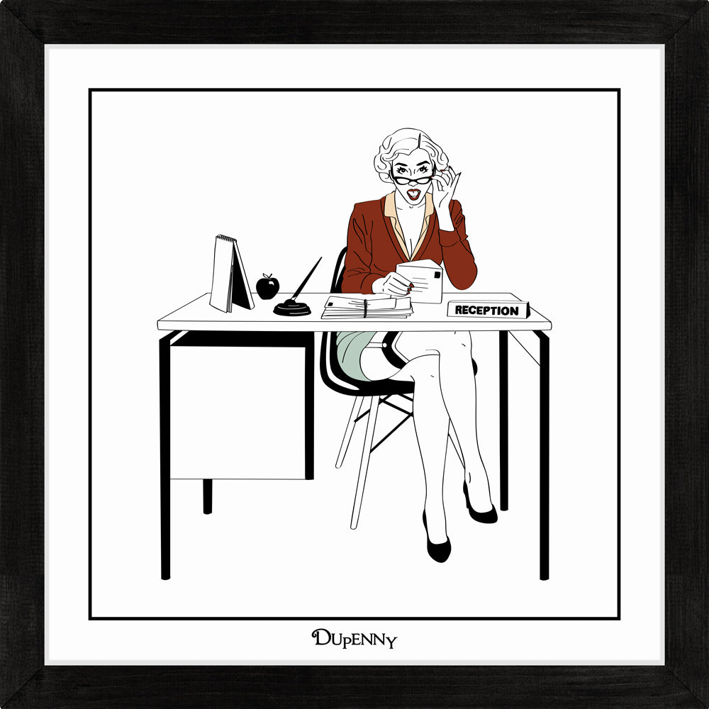 Illustrated art print of sexy secretary in the workplace.