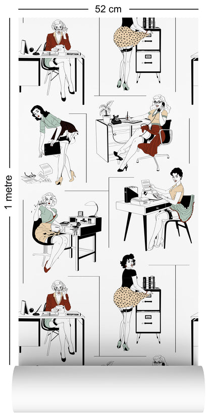 wallpaper roll with sexy office secretaries design in retro colours