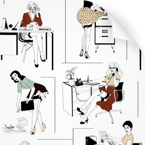 wallpaper swatch with sexy office secretaries design in retro colours